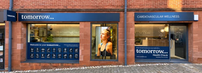 The Tomorrow clinic frontage in Knutsford, with navy tomorrow signage and window displays